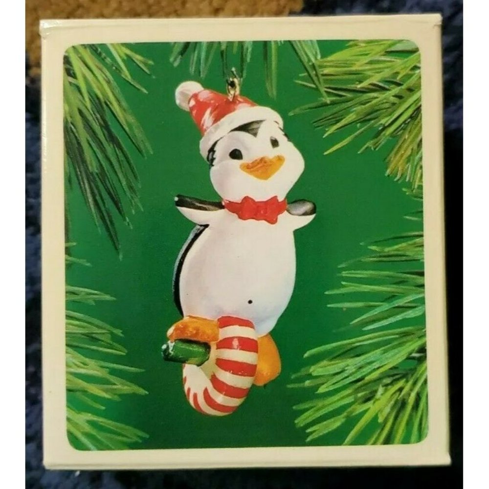Hallmark 1983 Penguin Parade  Keepsake Xmas Ornament Peppermint Candy Unicycle